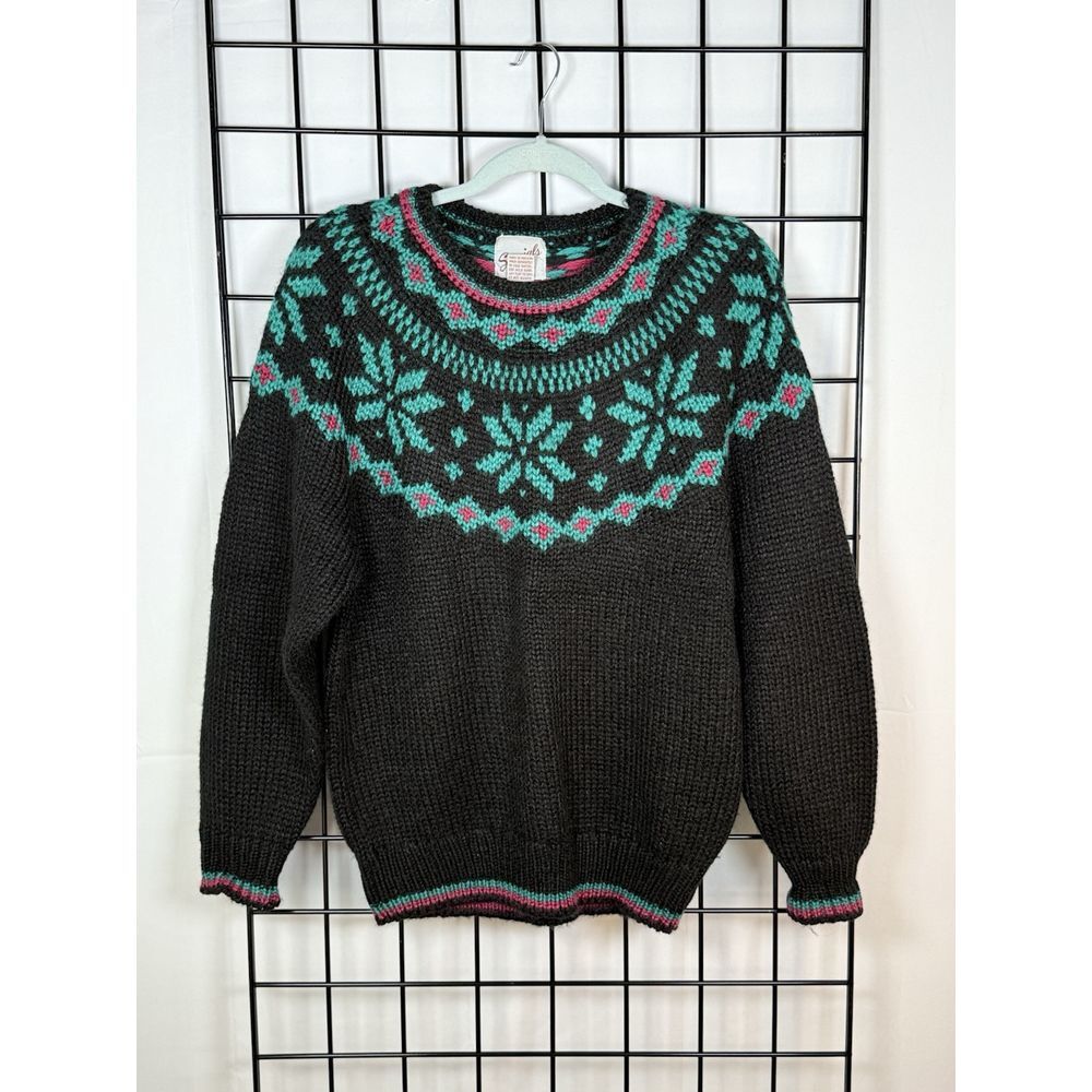 Vintage Specials Ltd. Sweater Fair Isle Acrylic Crewneck Pullover Womens L Black